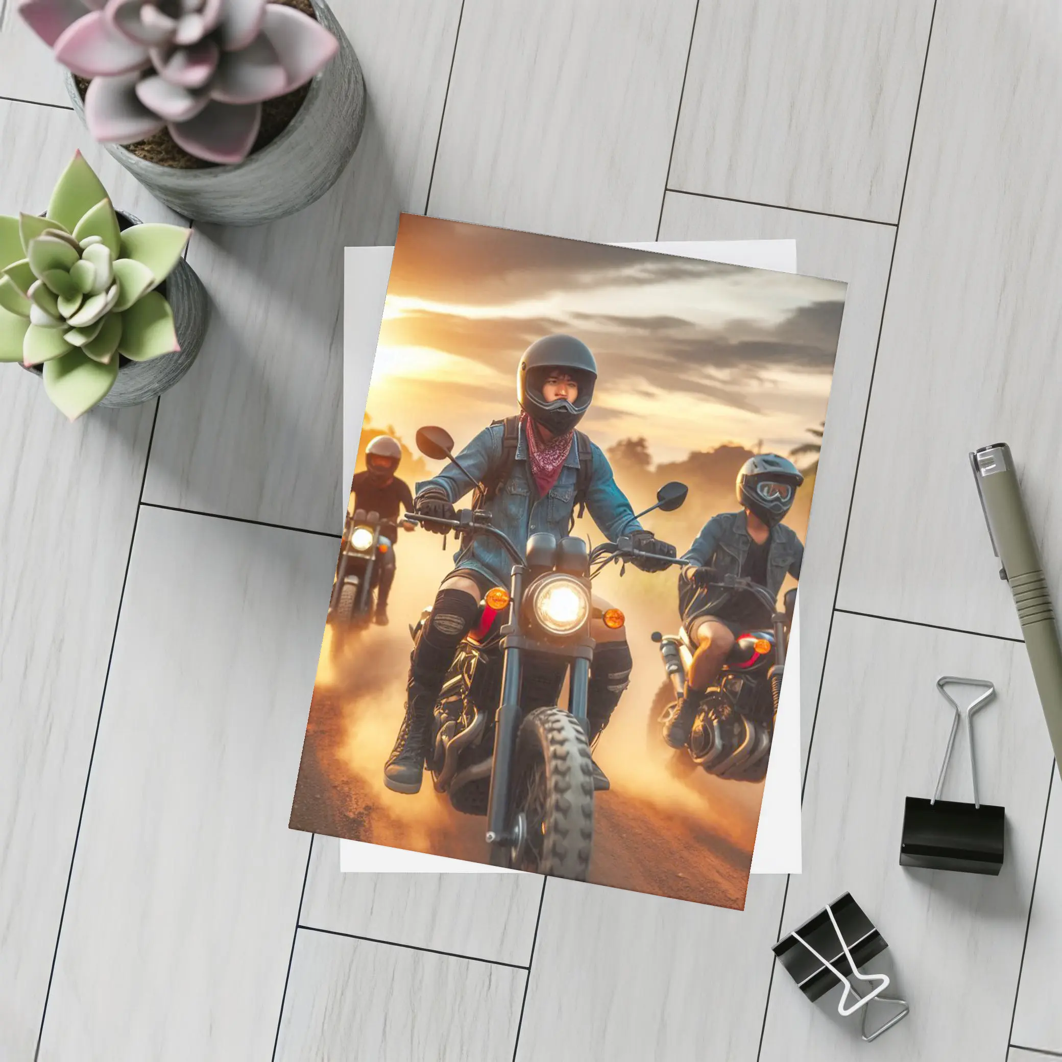 Women Riders Motorcycles Dusty Sunset Road – Postcards