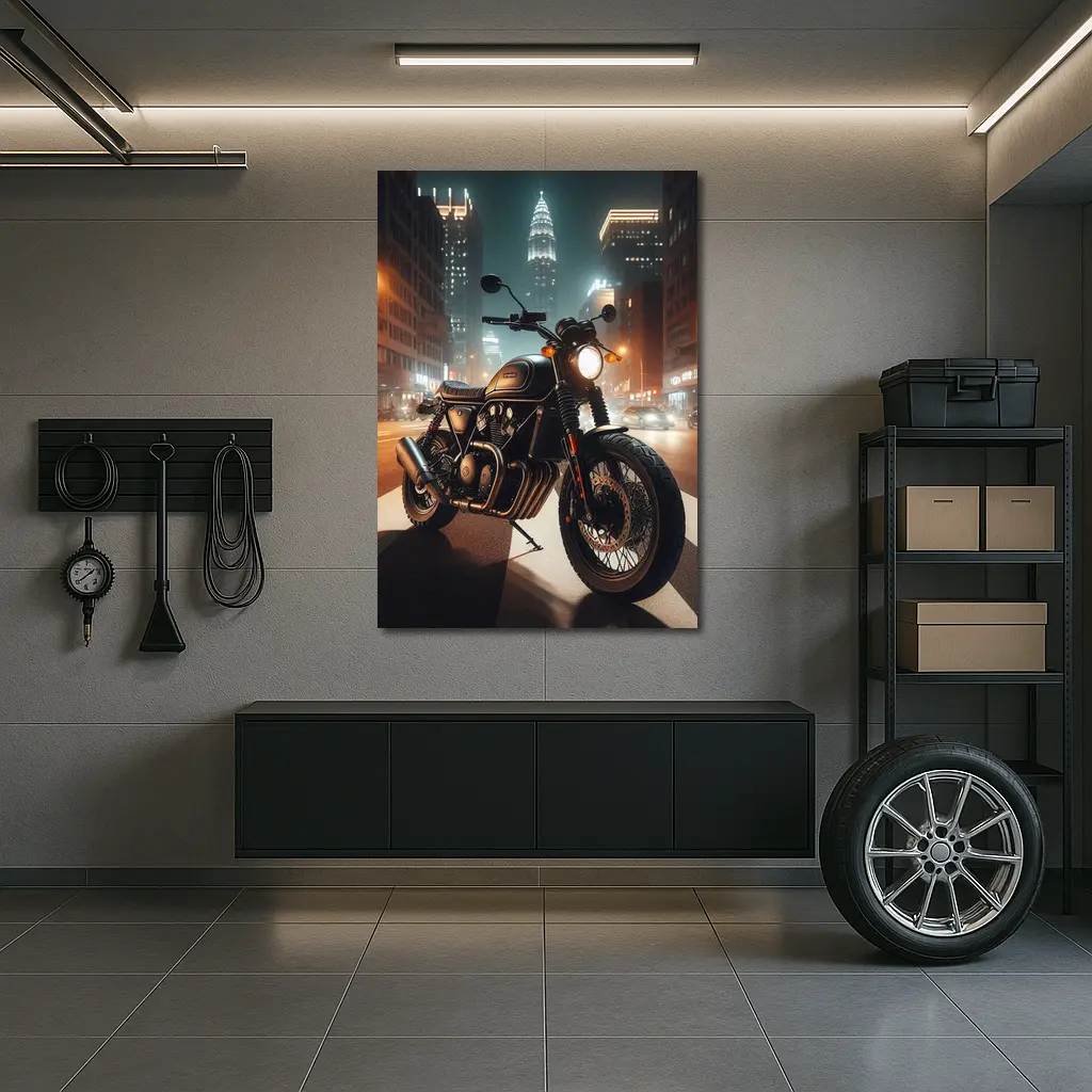 Dark Cafe Racer Motorcycle City Night Street – Wall Art