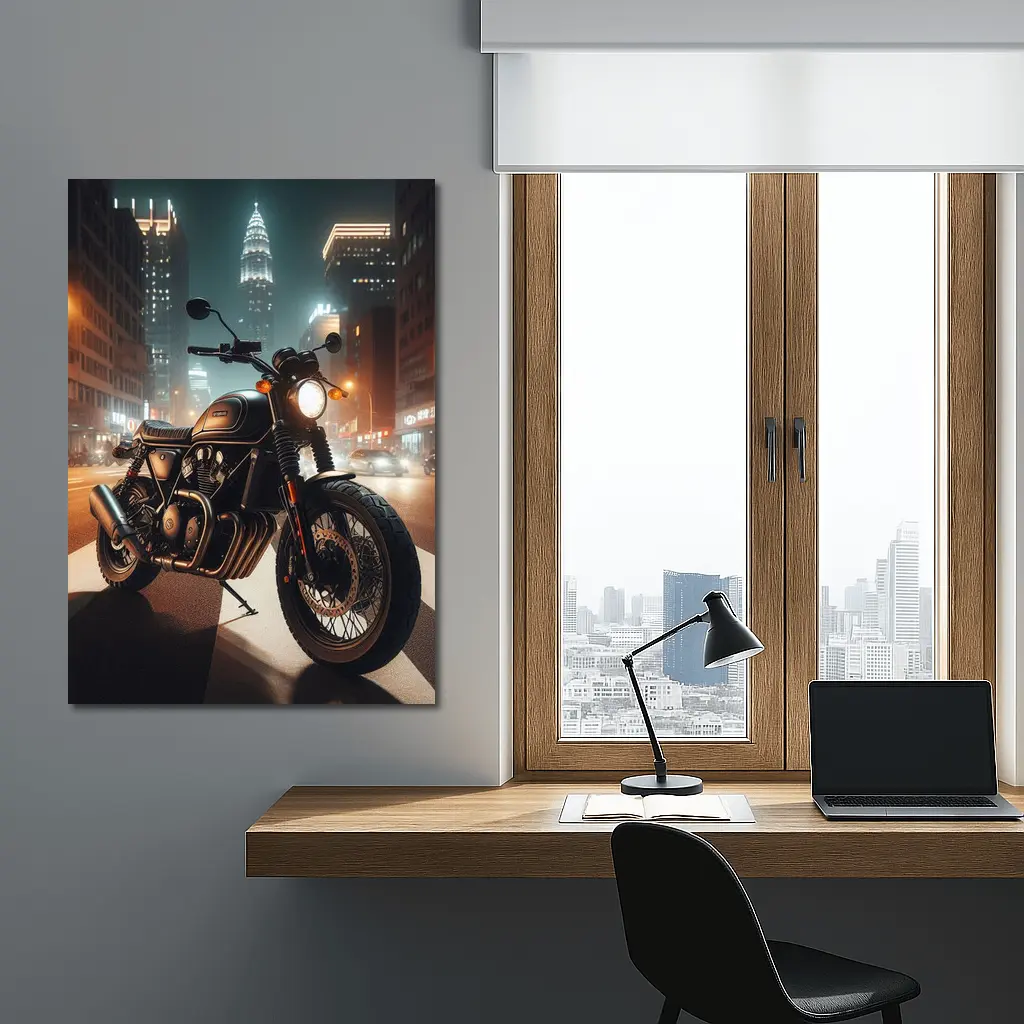 Dark Cafe Racer Motorcycle City Night Street – Wall Art