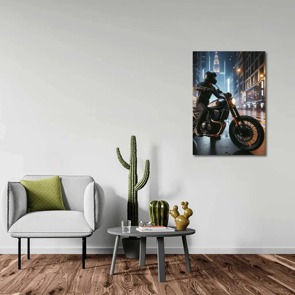 Scrambler Motorcycle Rider Rainy City Night – Wall Art