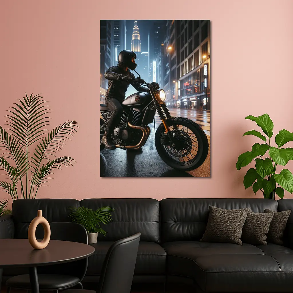 Scrambler Motorcycle Rider Rainy City Night – Wall Art