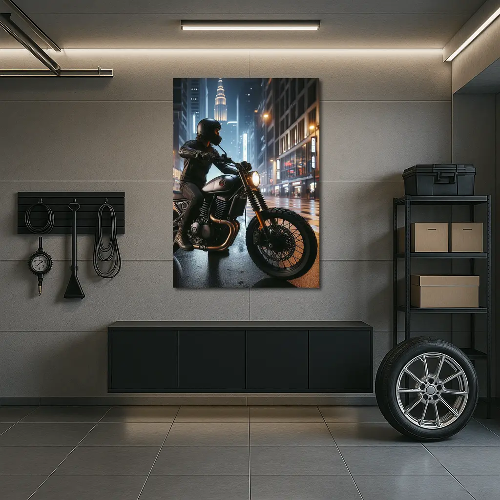 Scrambler Motorcycle Rider Rainy City Night – Wall Art