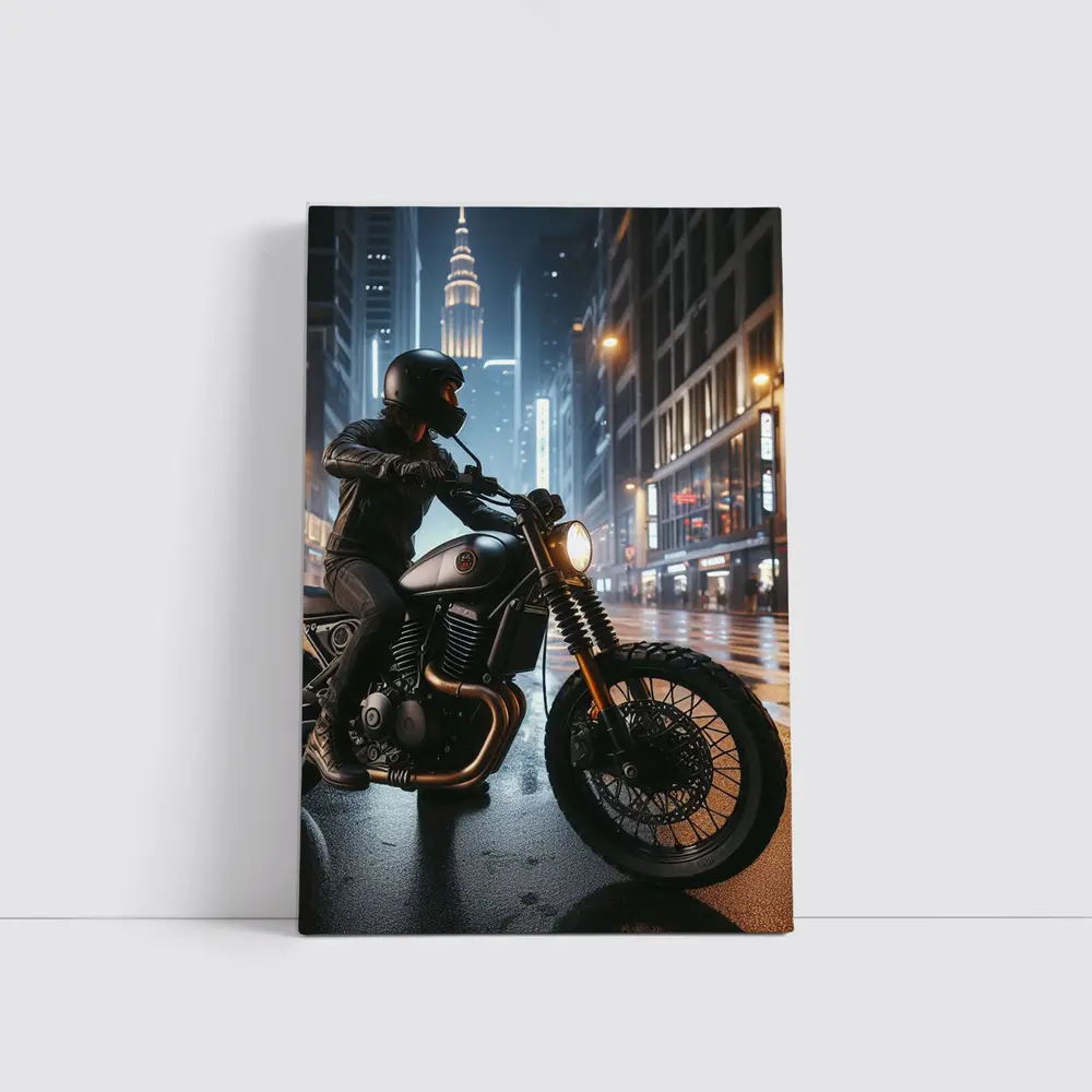 Scrambler Motorcycle Rider Rainy City Night – Wall Art
