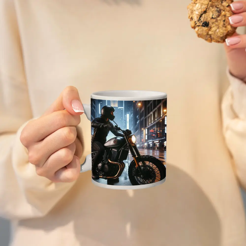 Scrambler Motorcycle Rider Rainy City Night – Mugs
