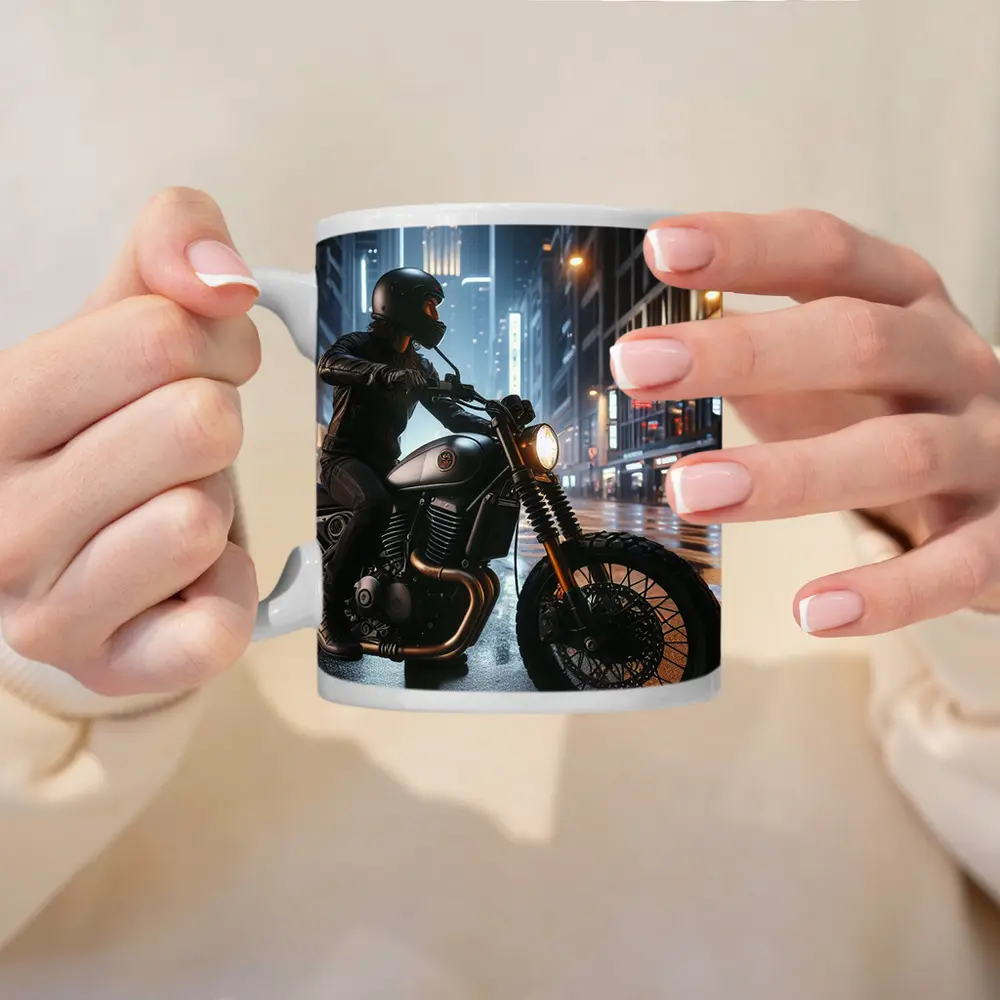 Scrambler Motorcycle Rider Rainy City Night – Mugs