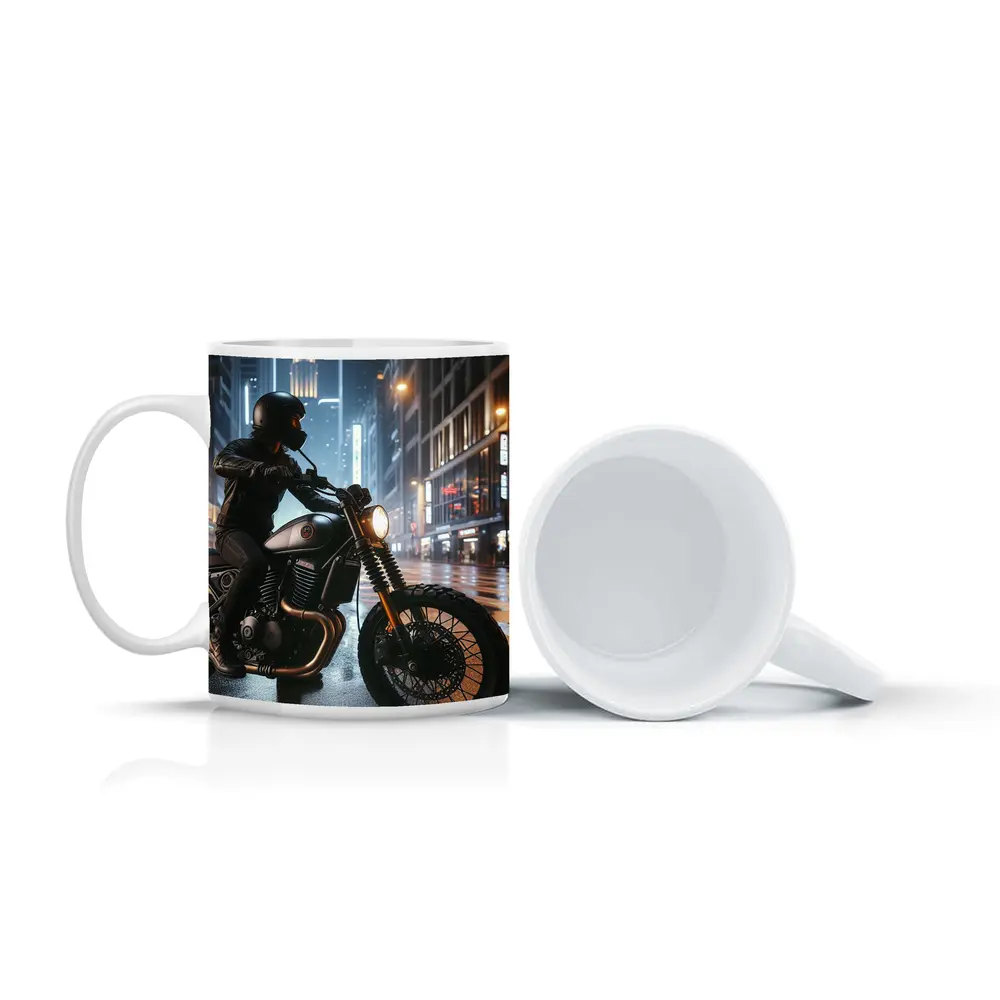 Scrambler Motorcycle Rider Rainy City Night – Mugs