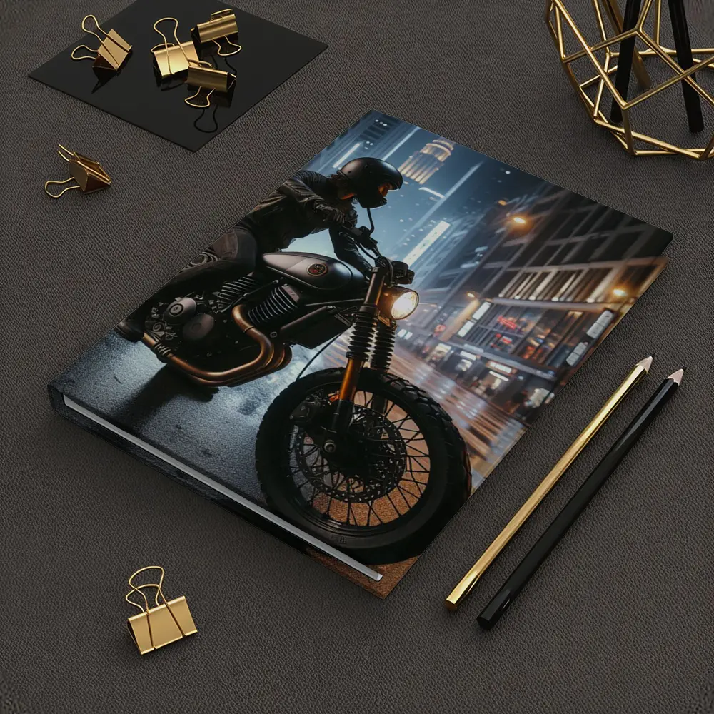 Scrambler Motorcycle Rider Rainy City Night – Notebooks