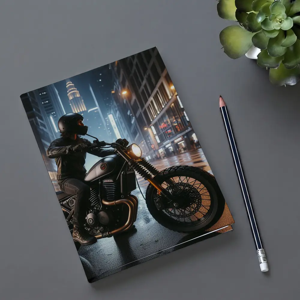Scrambler Motorcycle Rider Rainy City Night – Notebooks