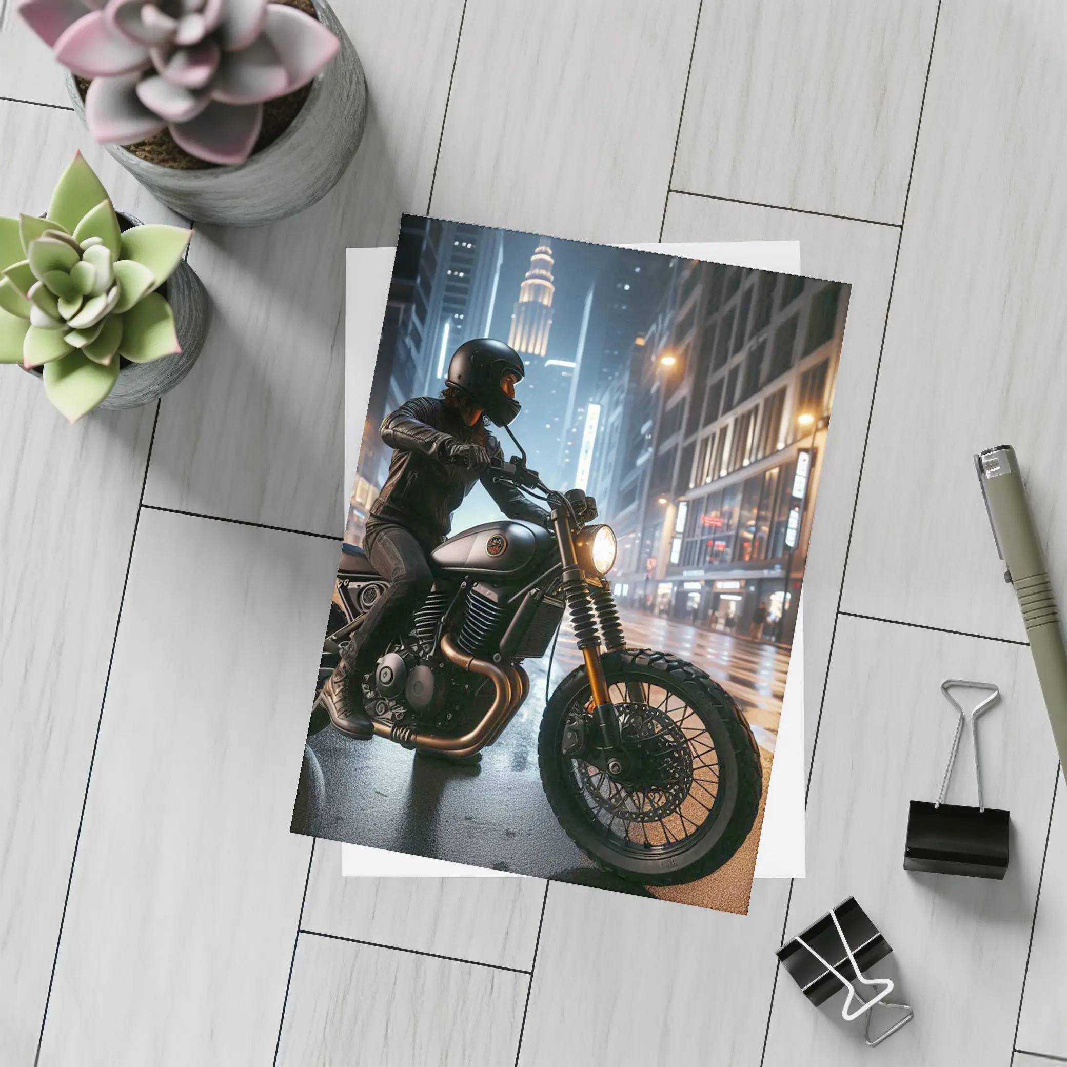 Scrambler Motorcycle Rider Rainy City Night – Postcards