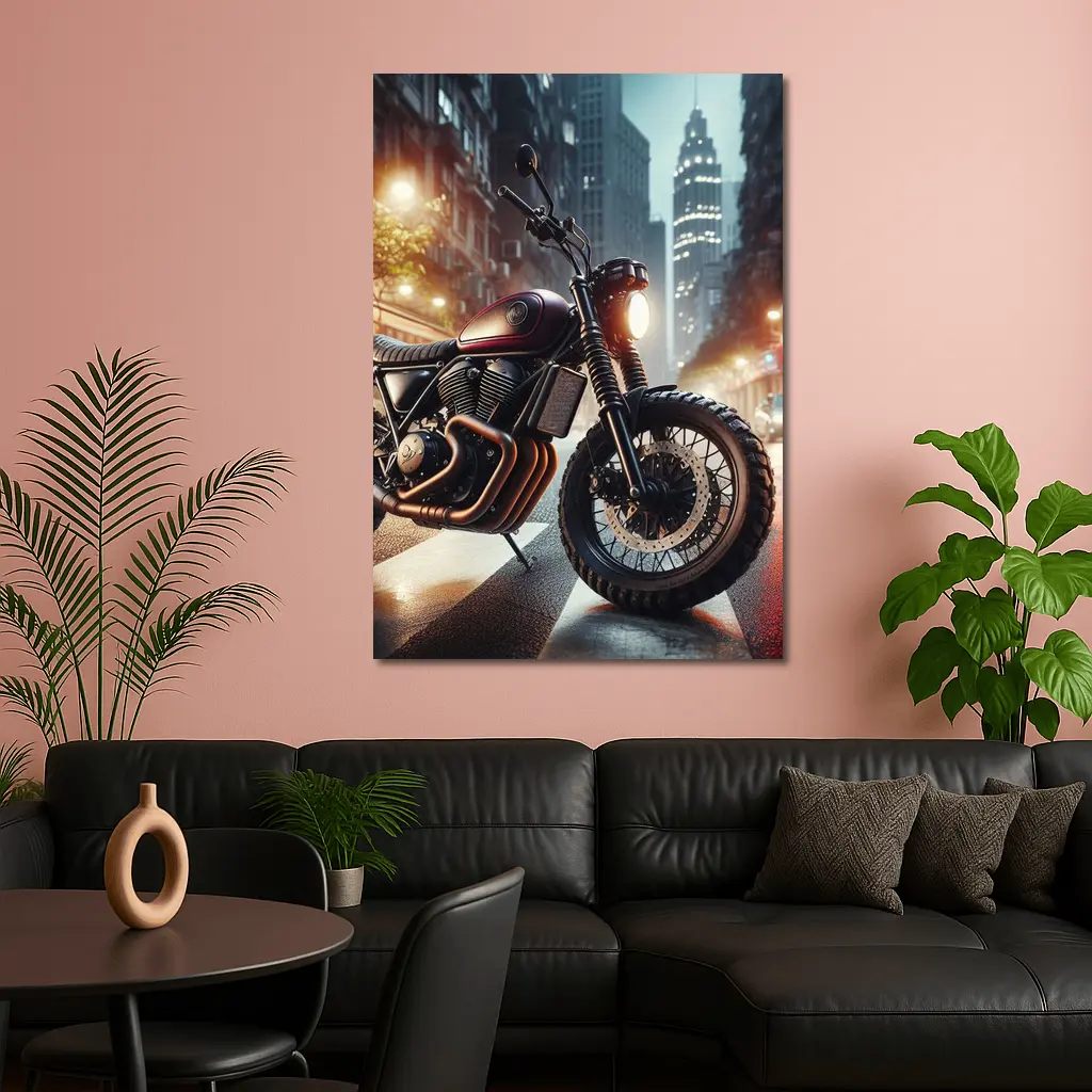 Scrambler Motorcycle Parked Rainy City Street – Wall Art