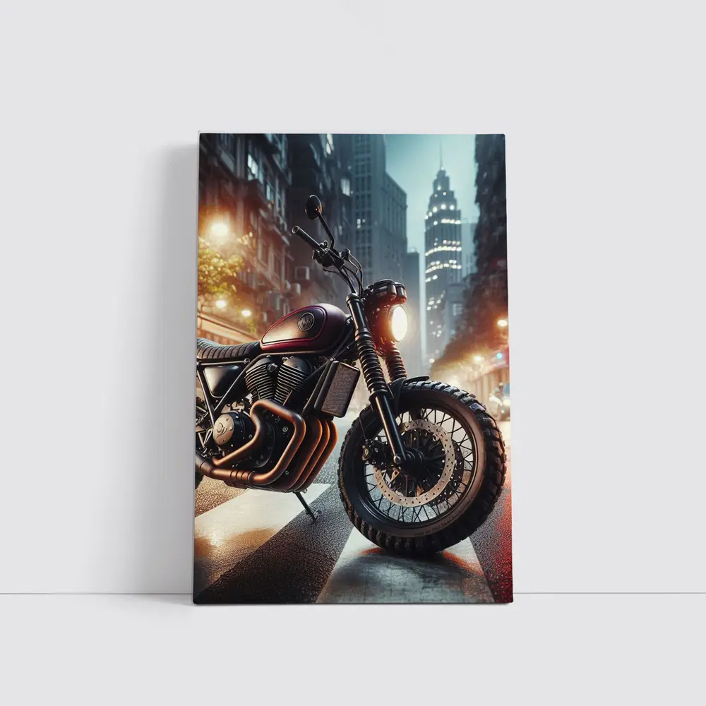 Scrambler Motorcycle Parked Rainy City Street – Wall Art