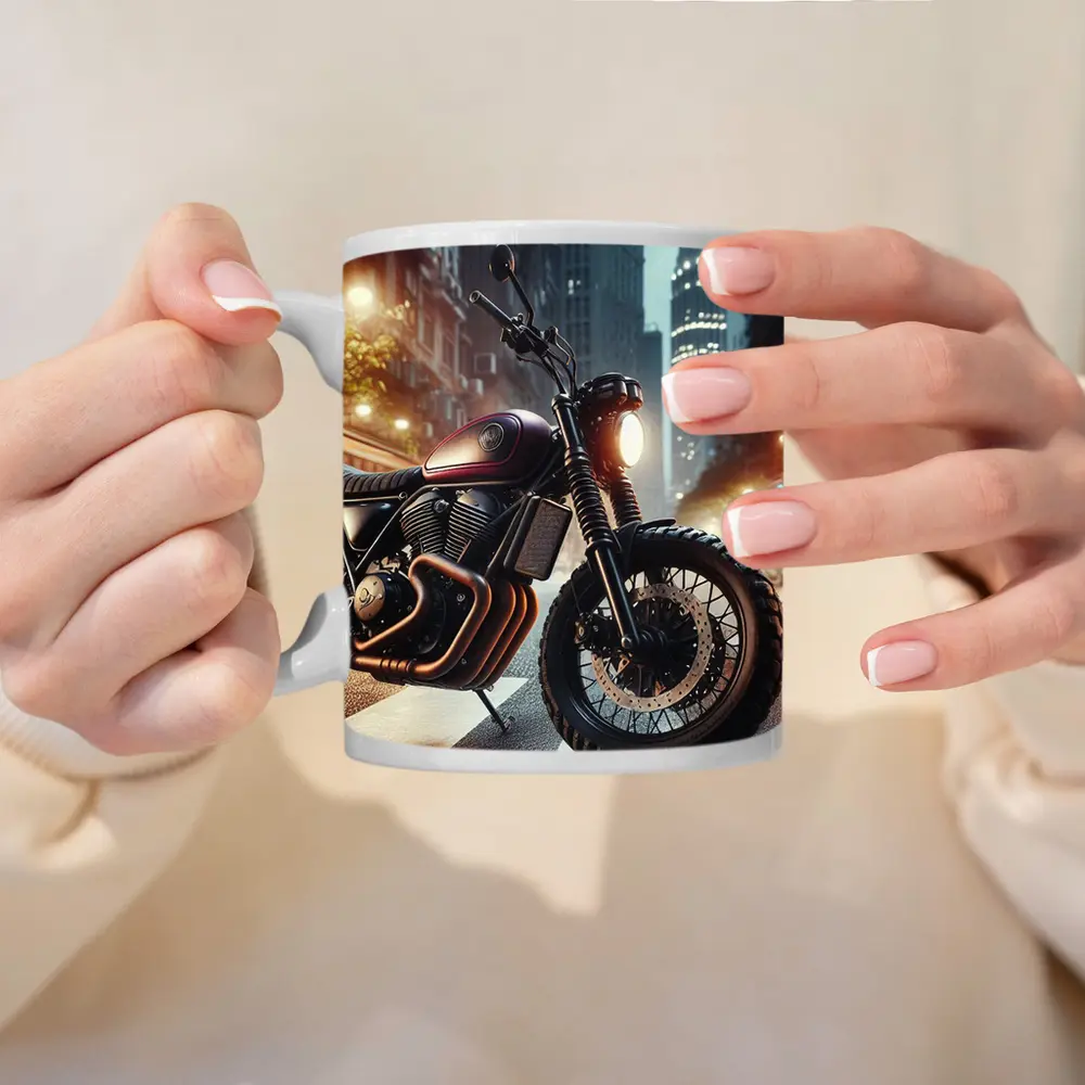 Scrambler Motorcycle Parked Rainy City Street – Mugs