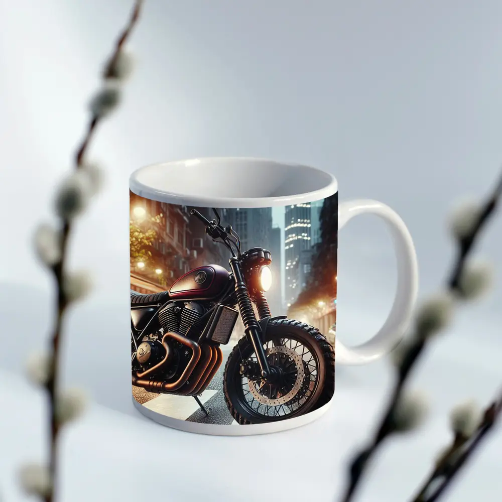 Scrambler Motorcycle Parked Rainy City Street – Mugs