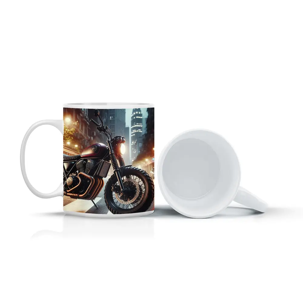 Scrambler Motorcycle Parked Rainy City Street – Mugs