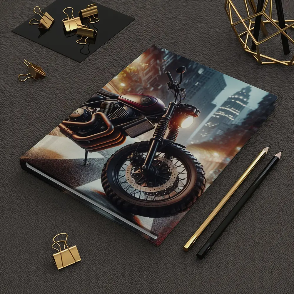 Scrambler Motorcycle Parked Rainy City Street – Notebooks