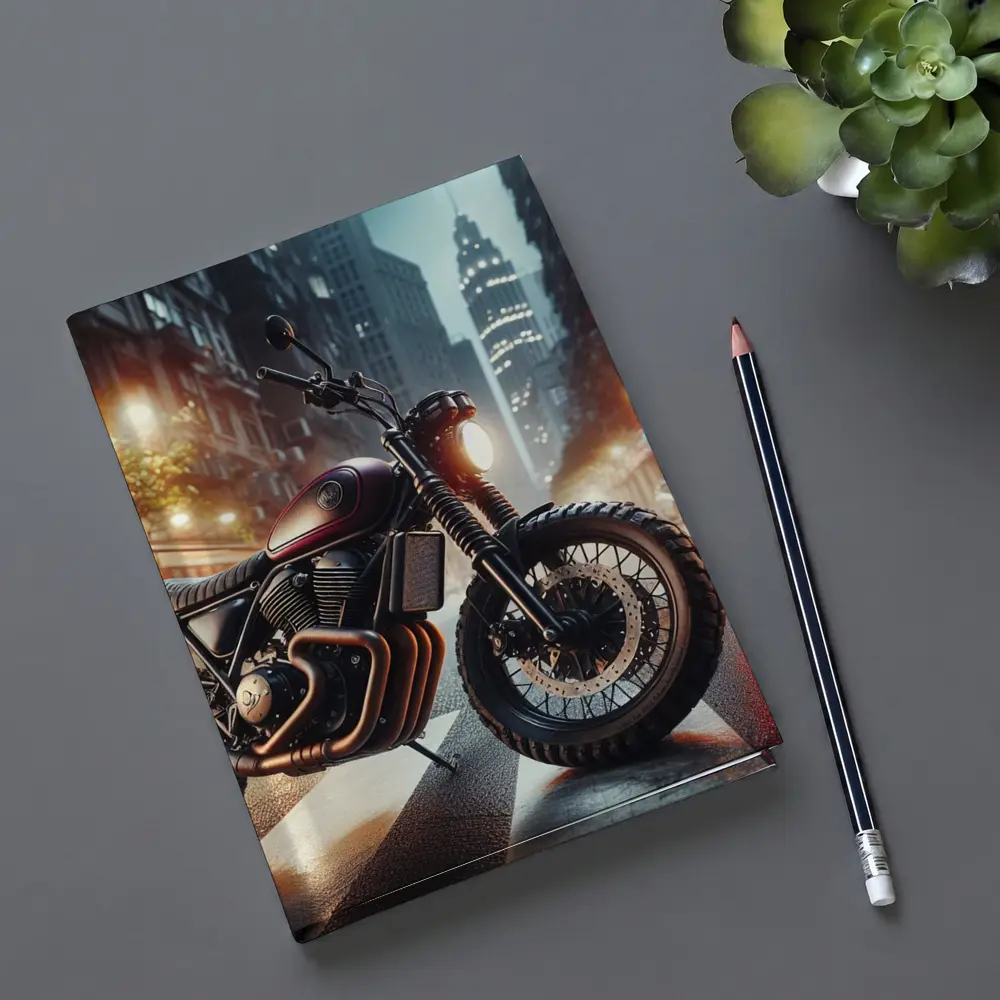 Scrambler Motorcycle Parked Rainy City Street – Notebooks