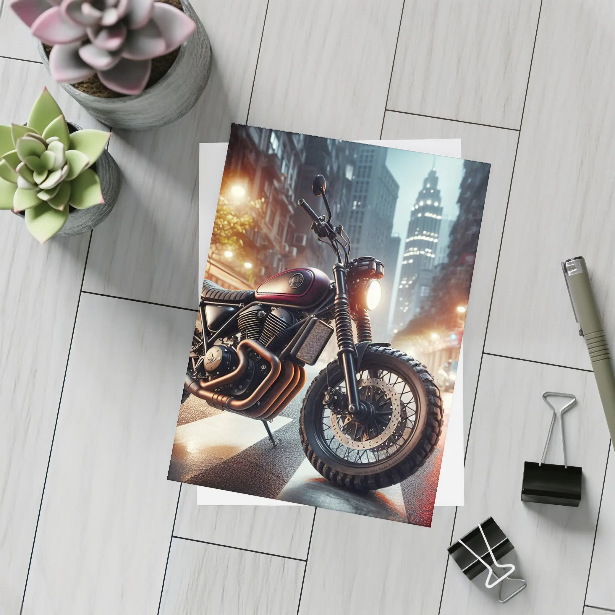 Scrambler Motorcycle Parked Rainy City Street – Postcards