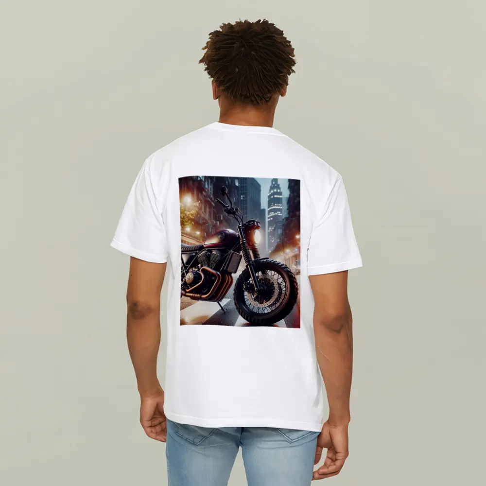 Scrambler Motorcycle Parked Rainy City Street – T-Shirts