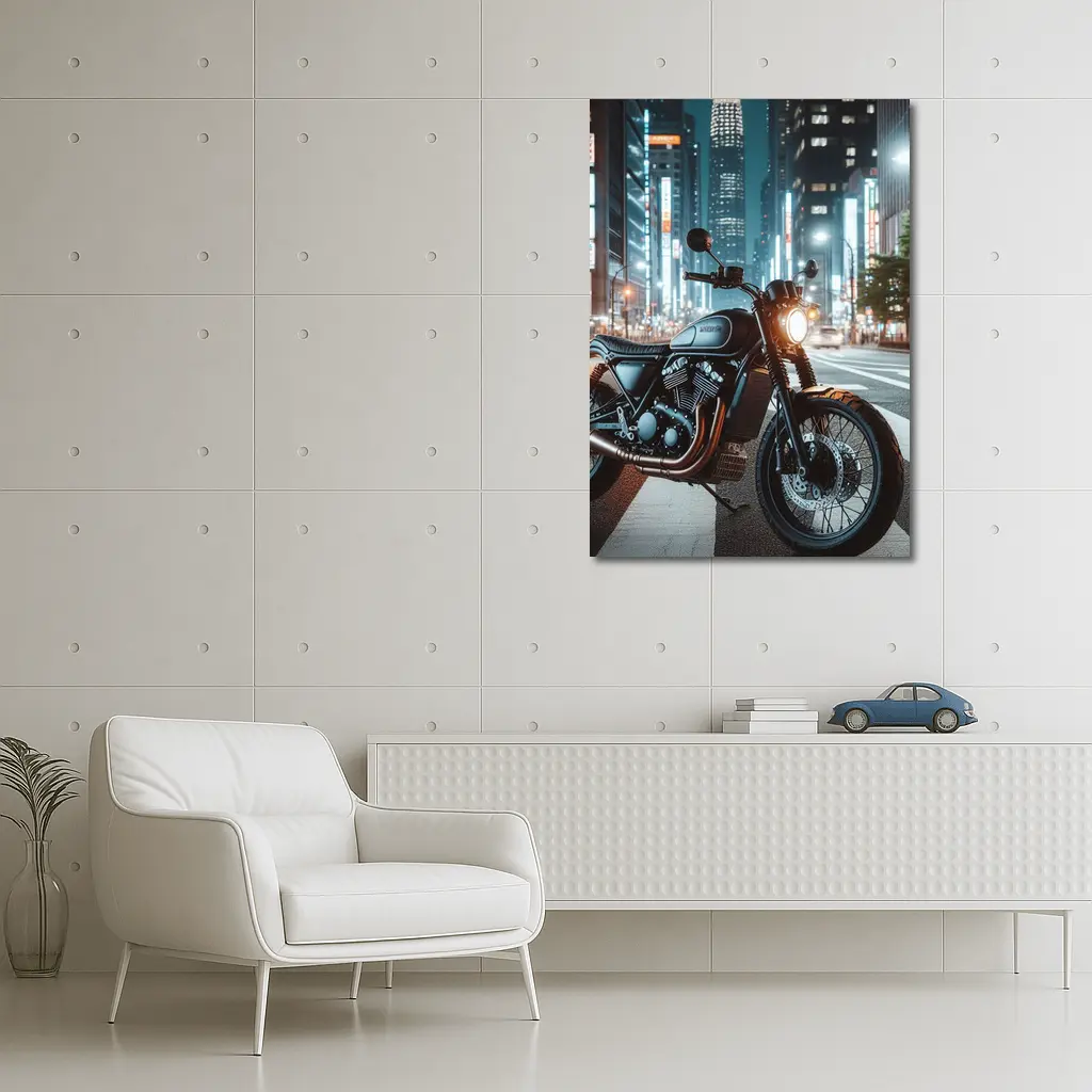 Scrambler Motorcycle Parked City Night Street – Wall Art