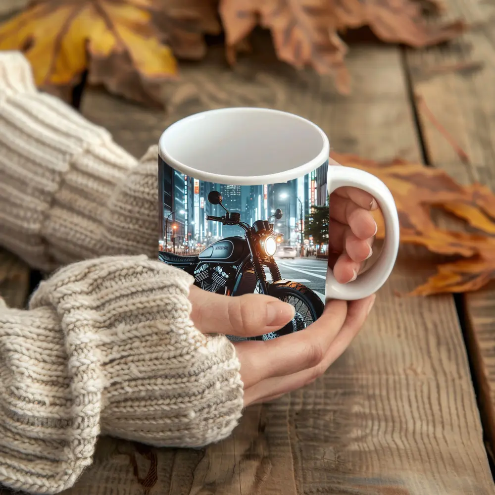 Scrambler Motorcycle Parked City Night Street – Mugs