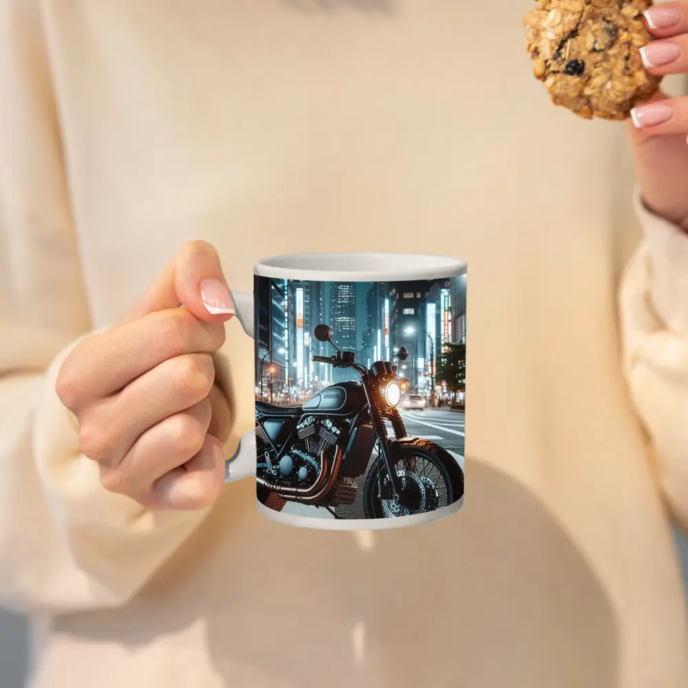 Scrambler Motorcycle Parked City Night Street – Mugs