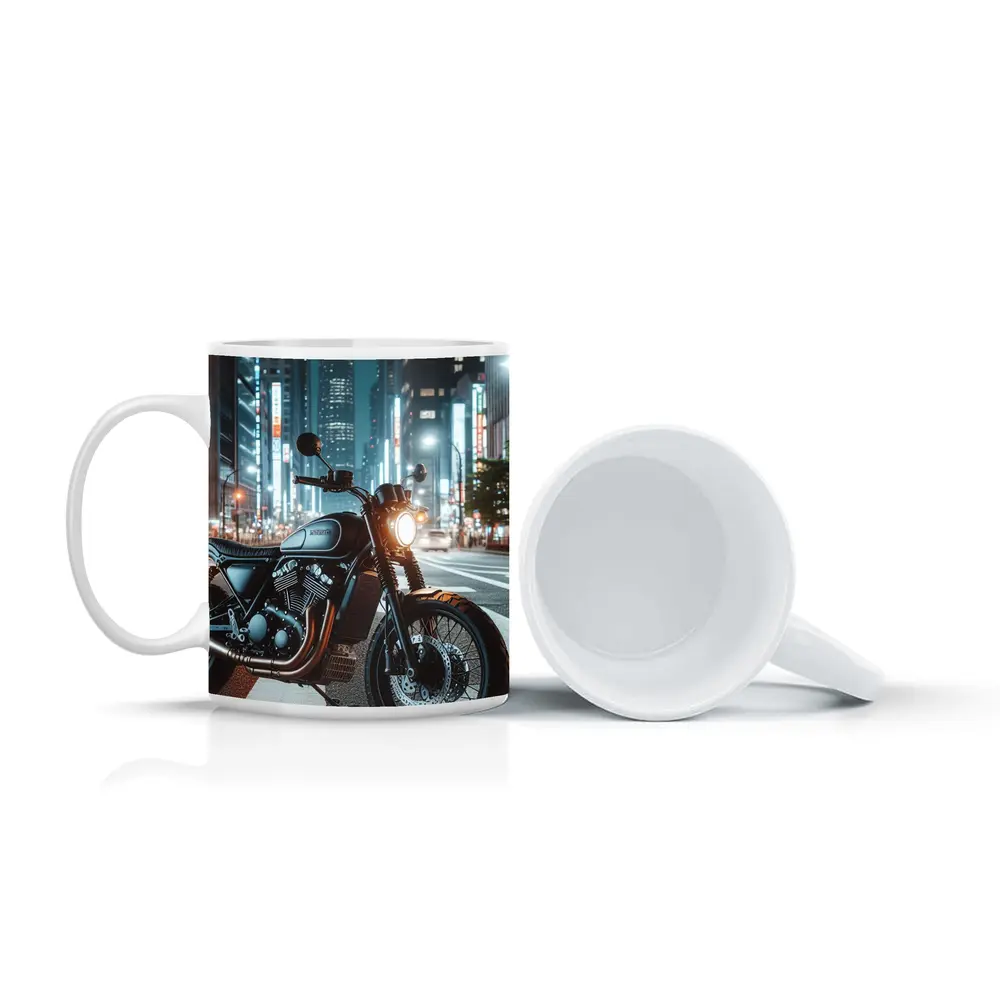 Scrambler Motorcycle Parked City Night Street – Mugs