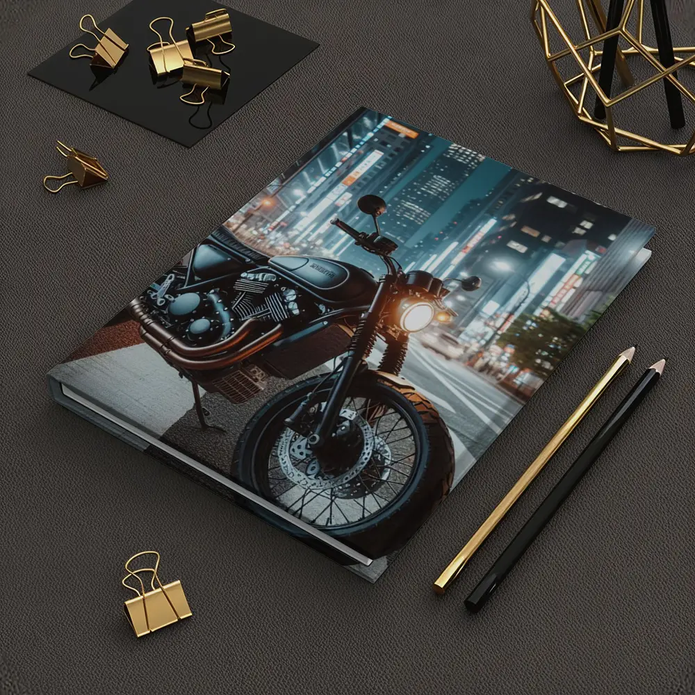 Scrambler Motorcycle Parked City Night Street – Notebooks