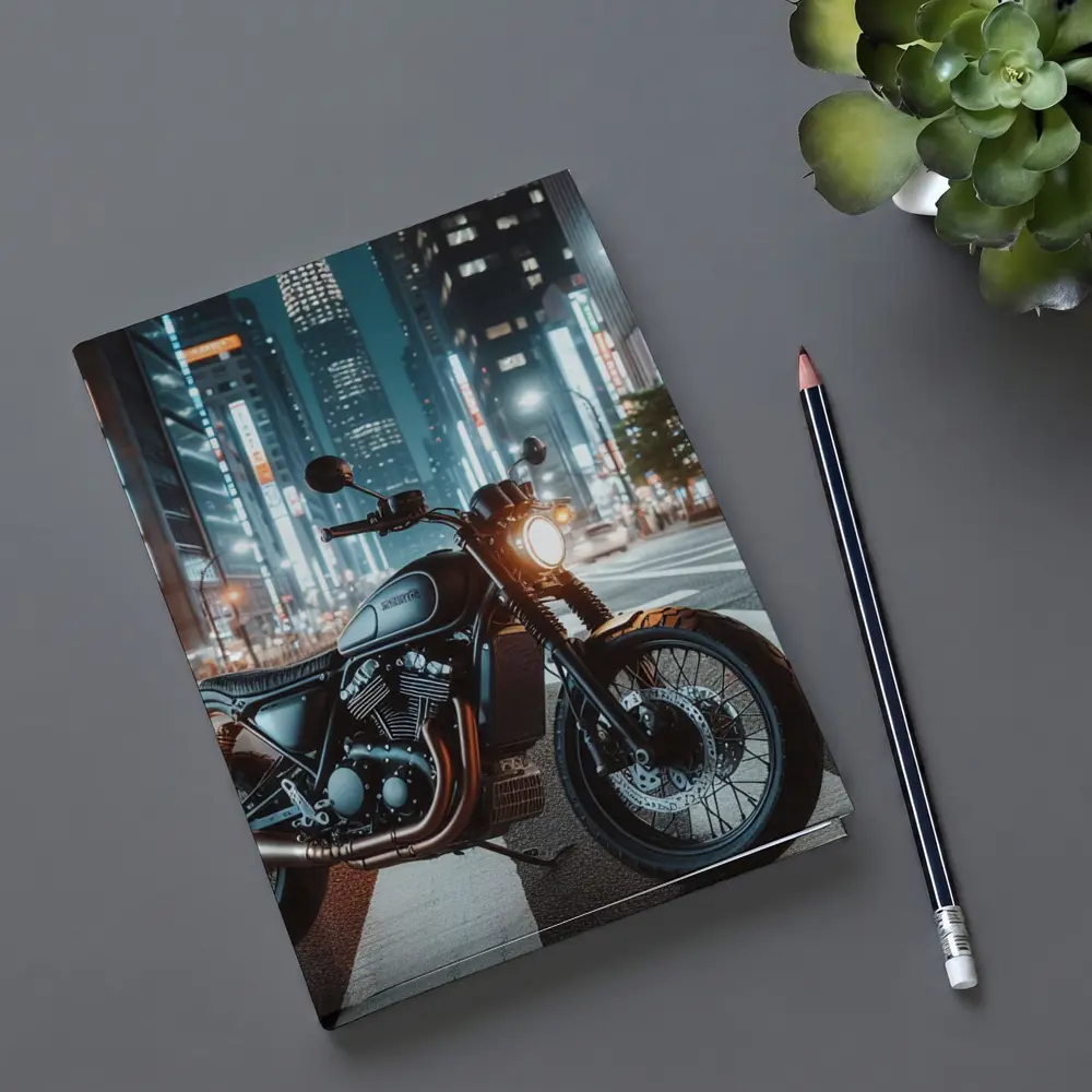 Scrambler Motorcycle Parked City Night Street – Notebooks