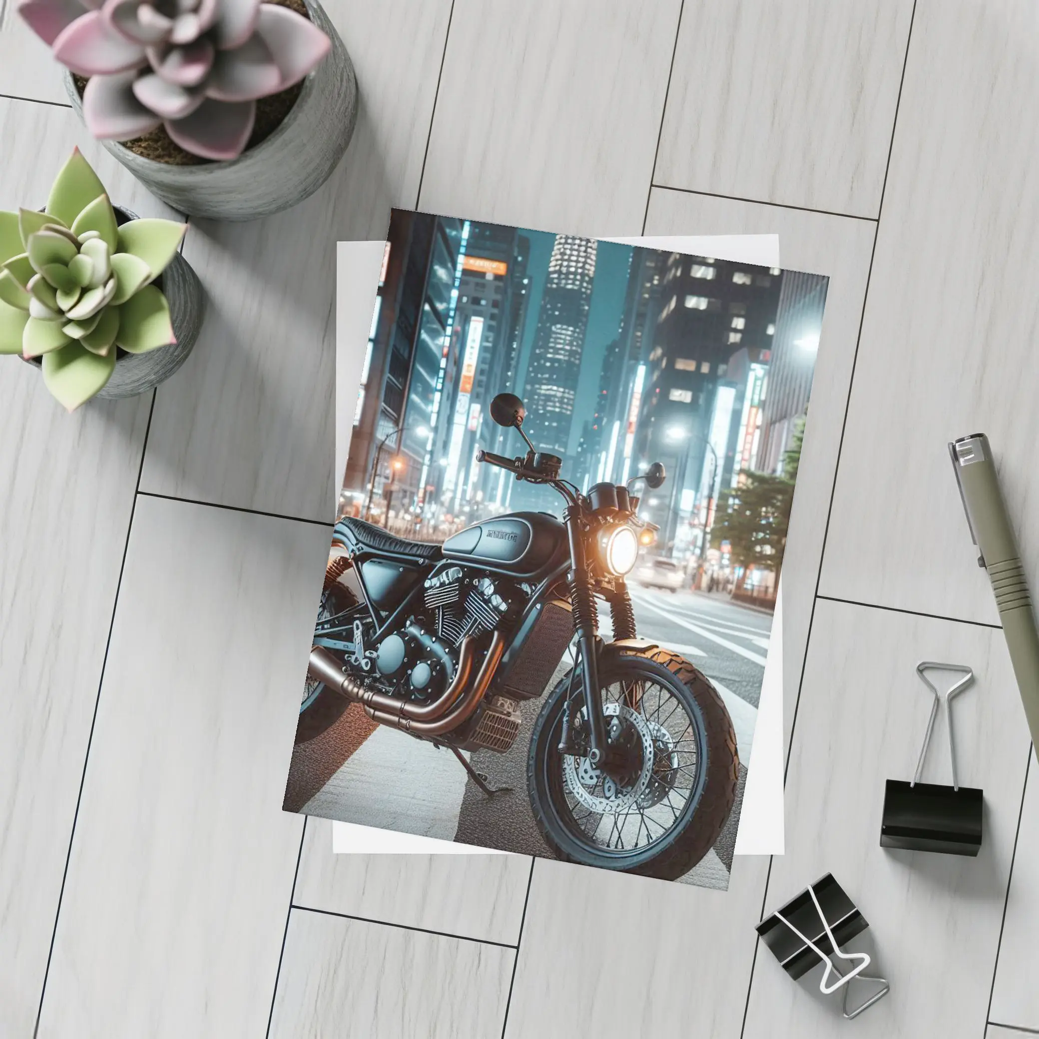 Scrambler Motorcycle Parked City Night Street – Postcards