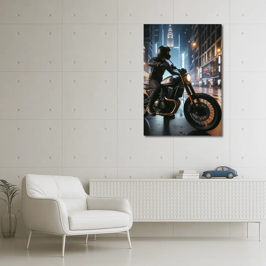 Scrambler Motorcycle Rider Rainy City Night – Wall Art