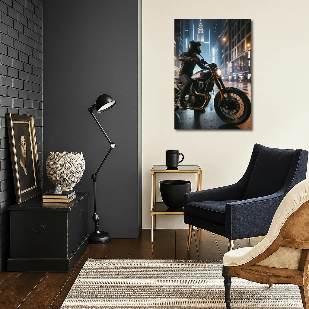 Scrambler Motorcycle Rider Rainy City Night – Wall Art