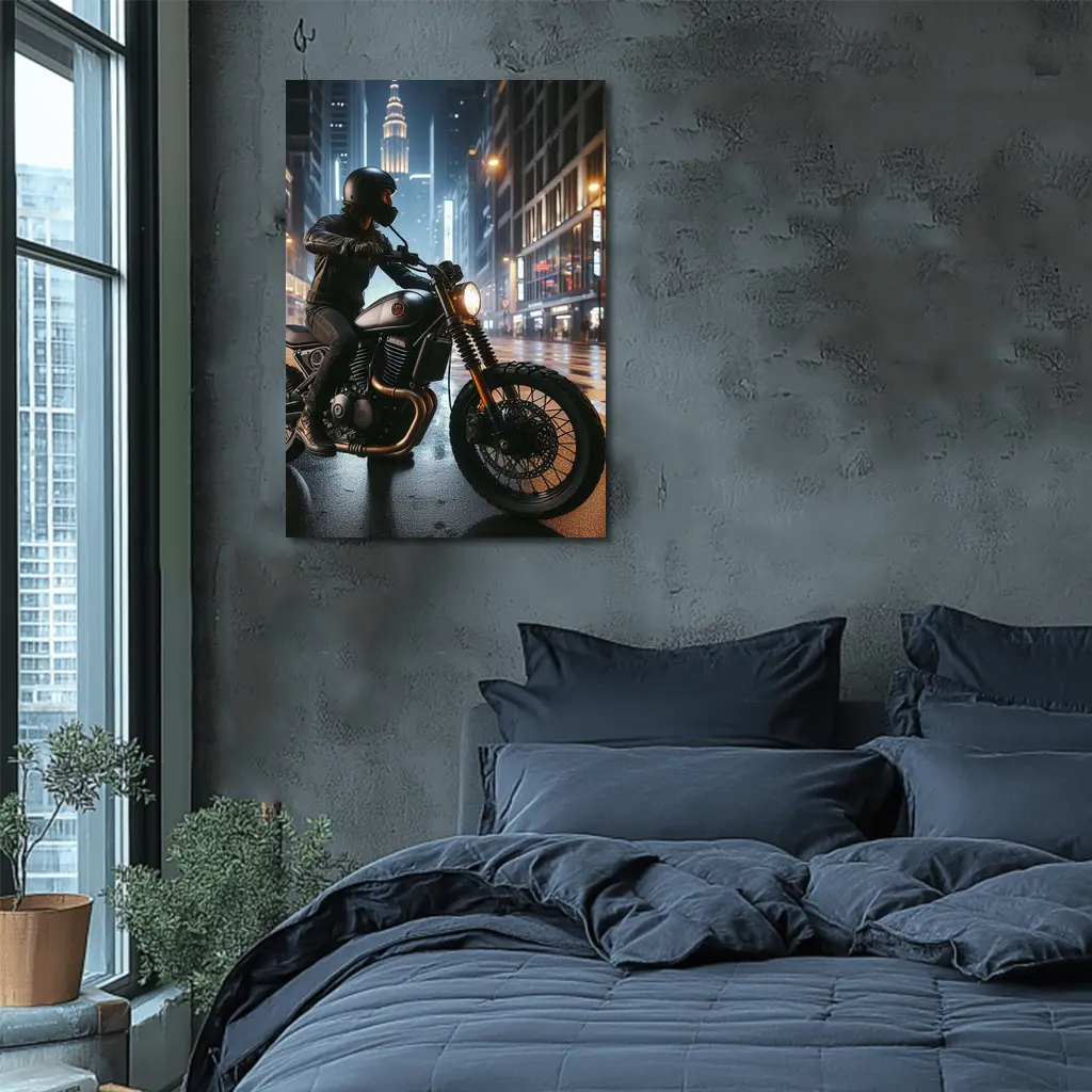 Scrambler Motorcycle Rider Rainy City Night – Wall Art