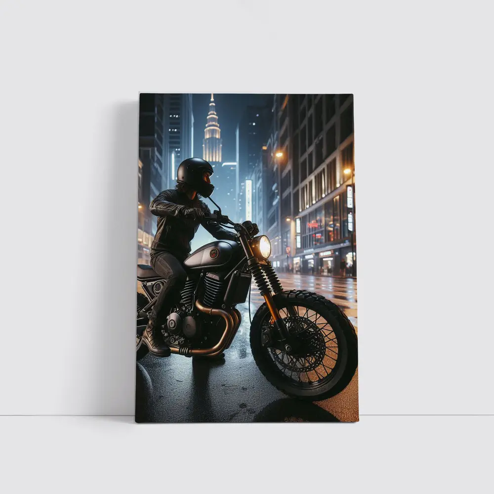 Scrambler Motorcycle Rider Rainy City Night – Wall Art
