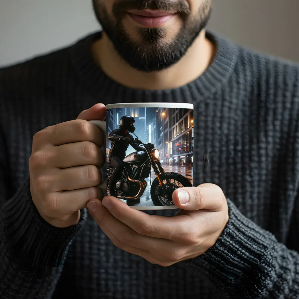 Scrambler Motorcycle Rider Rainy City Night – Mugs