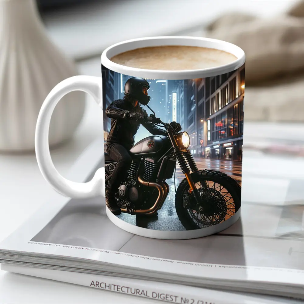 Scrambler Motorcycle Rider Rainy City Night – Mugs