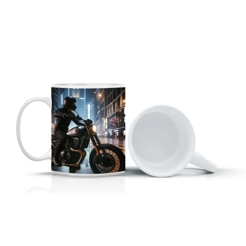 Scrambler Motorcycle Rider Rainy City Night – Mugs