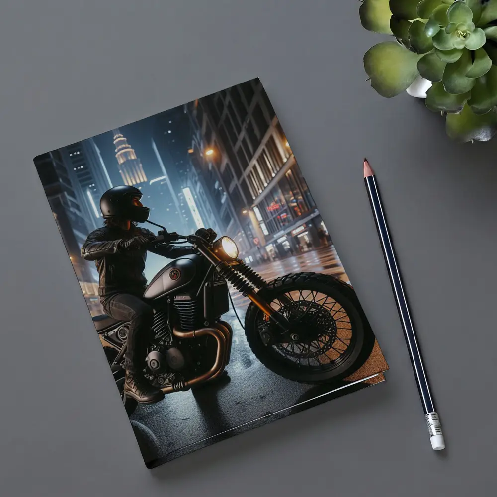 Scrambler Motorcycle Rider Rainy City Night – Notebooks