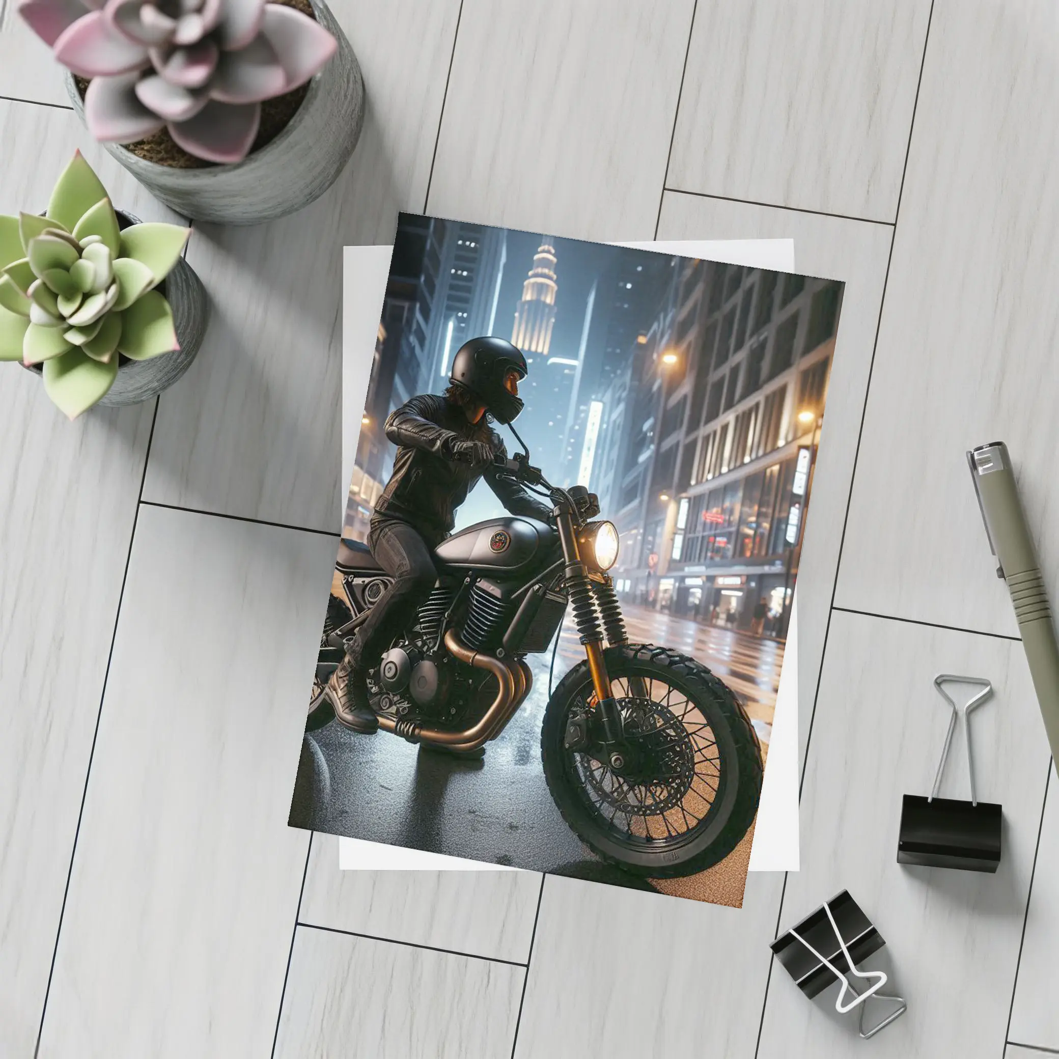 Scrambler Motorcycle Rider Rainy City Night – Postcards