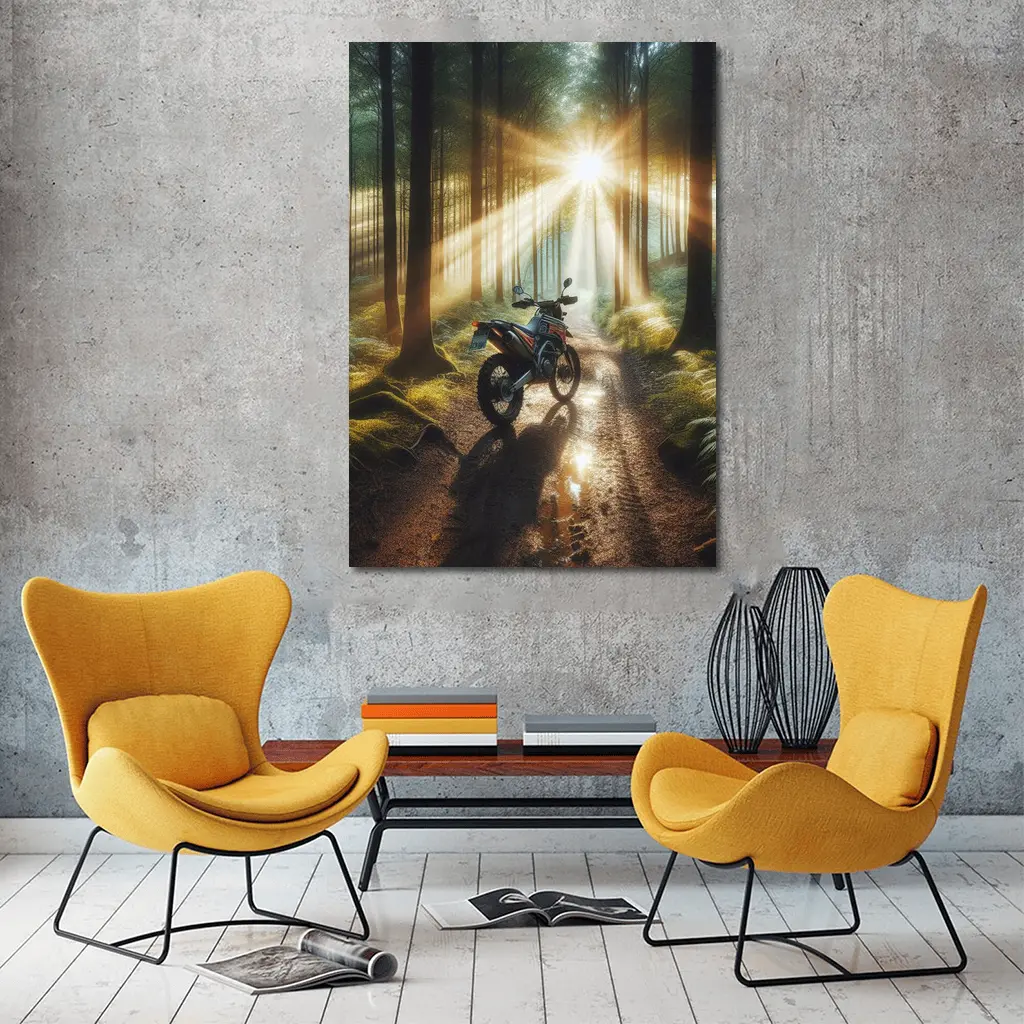Dirt Bike Parked In Sunlit Forest – Wall Art
