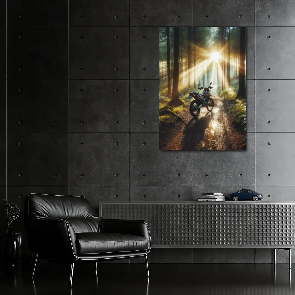 Dirt Bike Parked In Sunlit Forest – Wall Art