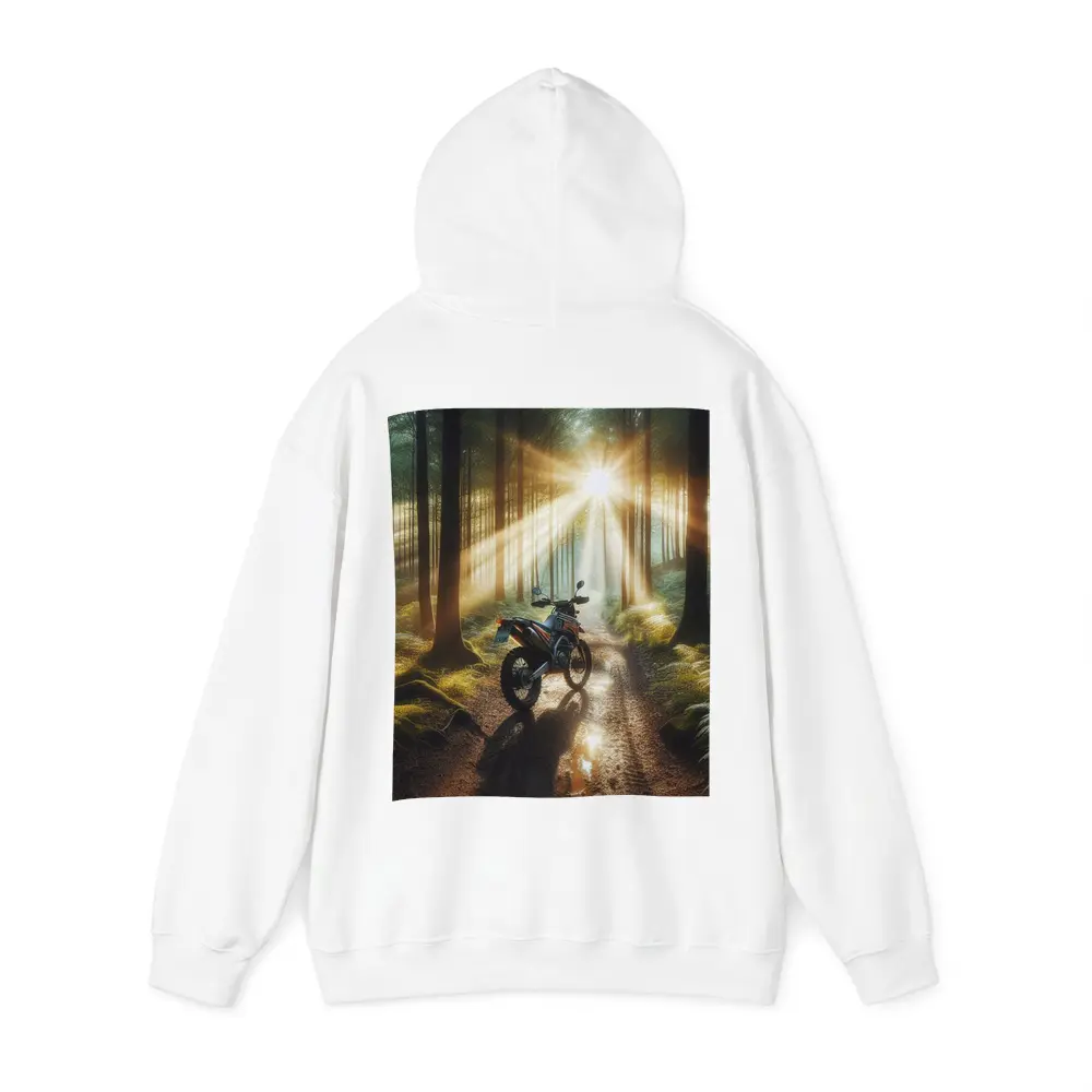 Dirt Bike Parked In Sunlit Forest – Hoodies