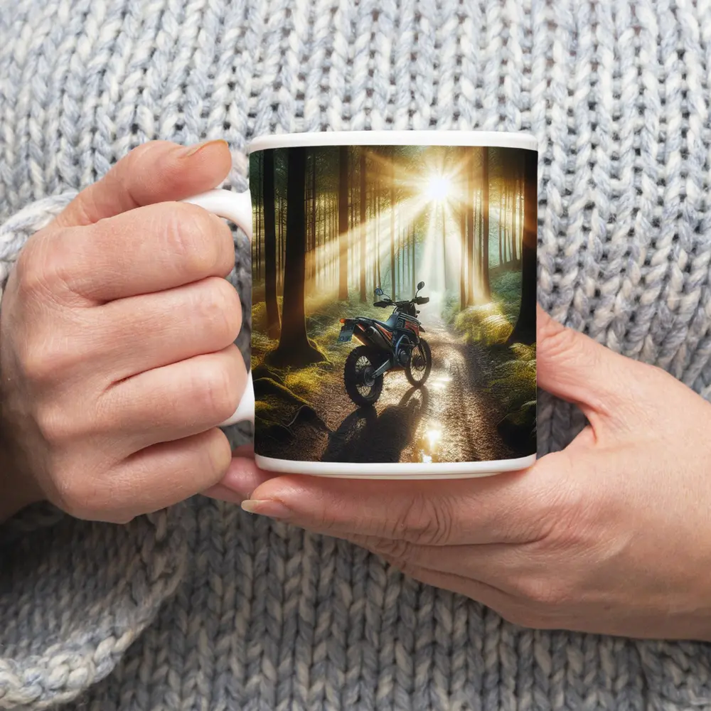 Dirt Bike Parked In Sunlit Forest – Mugs