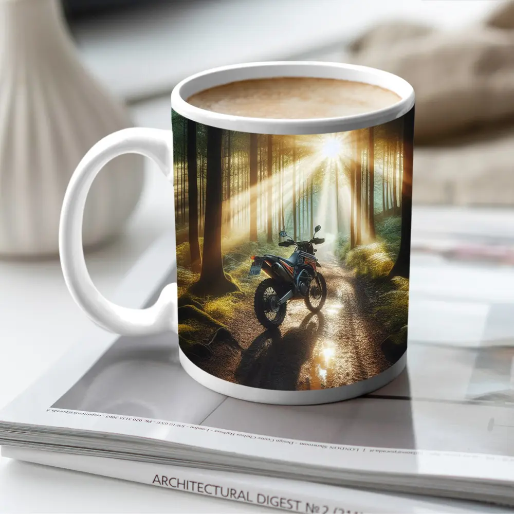 Dirt Bike Parked In Sunlit Forest – Mugs