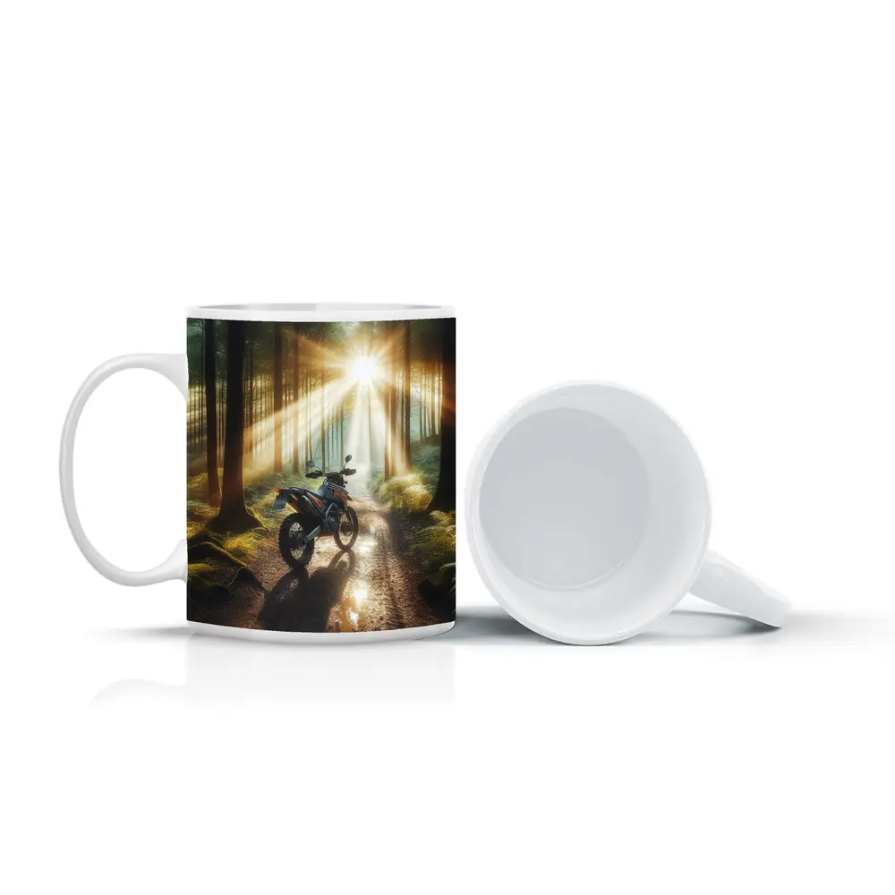 Dirt Bike Parked In Sunlit Forest – Mugs