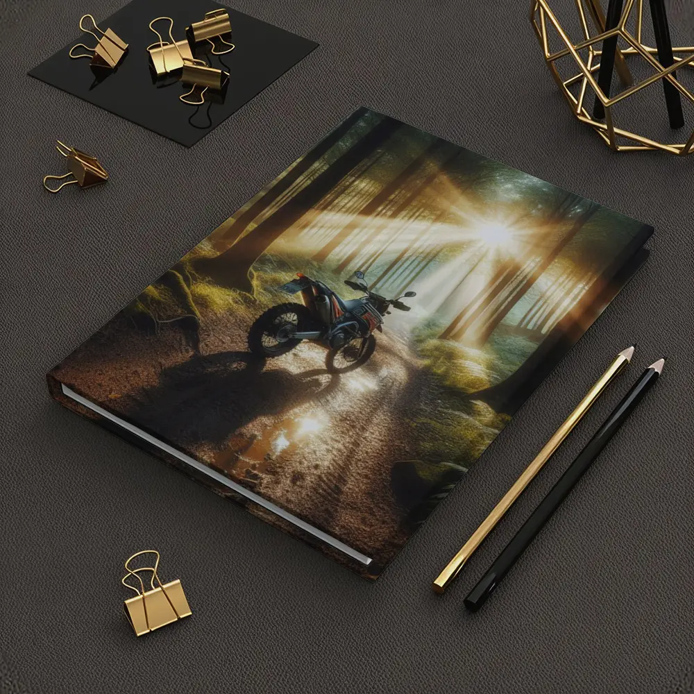 Dirt Bike Parked In Sunlit Forest – Notebooks
