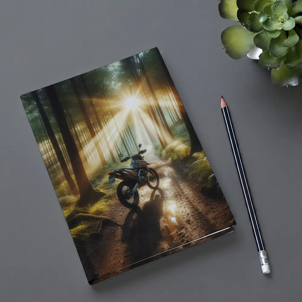 Dirt Bike Parked In Sunlit Forest – Notebooks