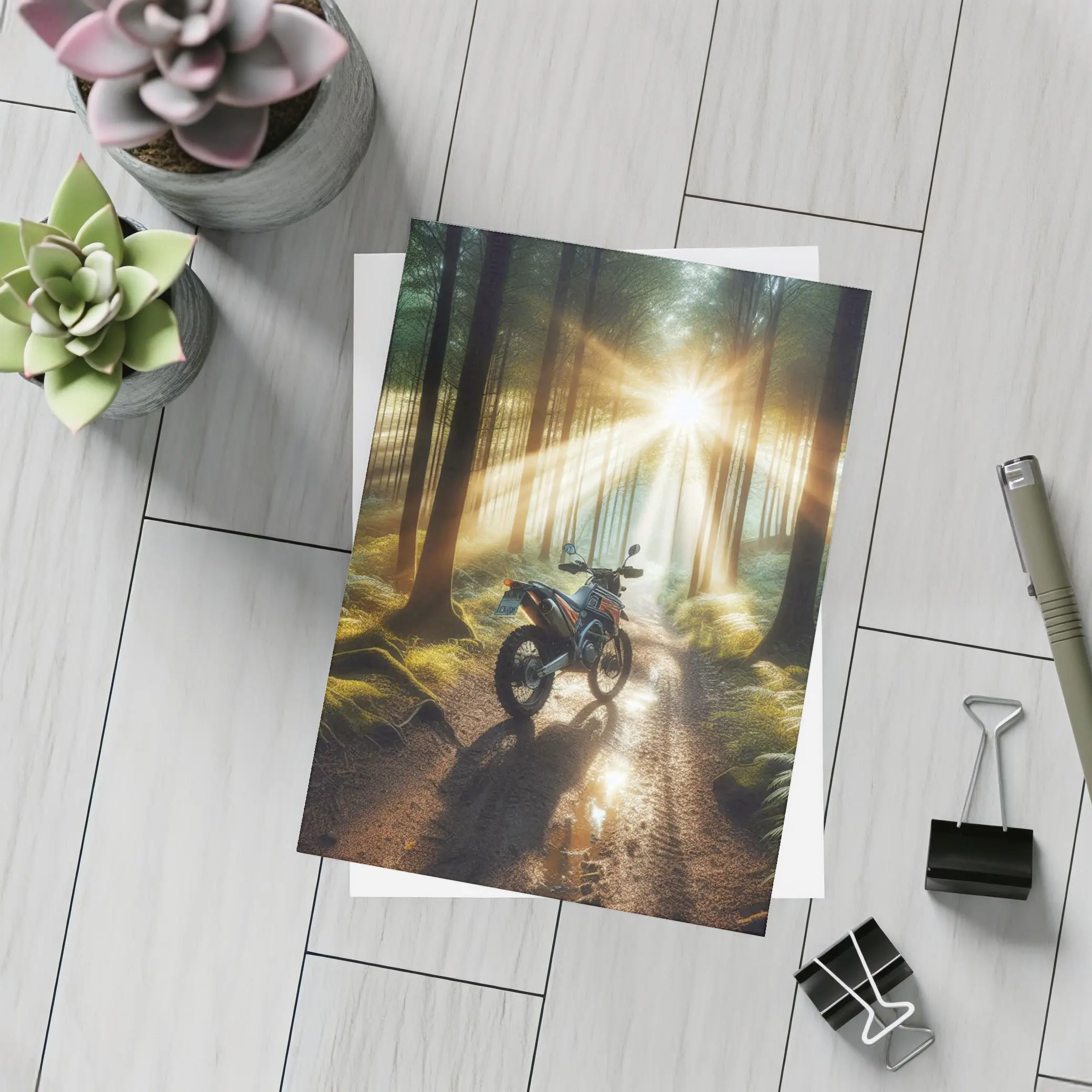 Dirt Bike Parked In Sunlit Forest – Postcards