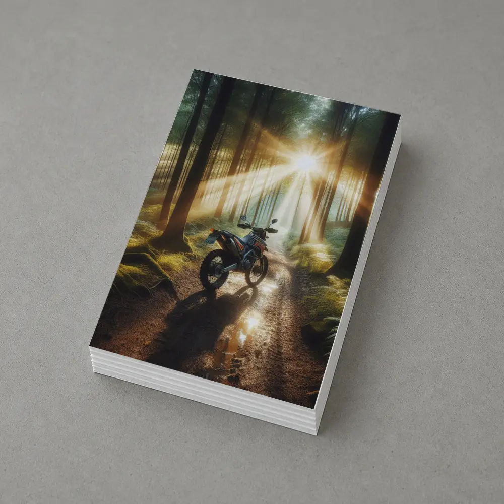 Dirt Bike Parked In Sunlit Forest – Postcards