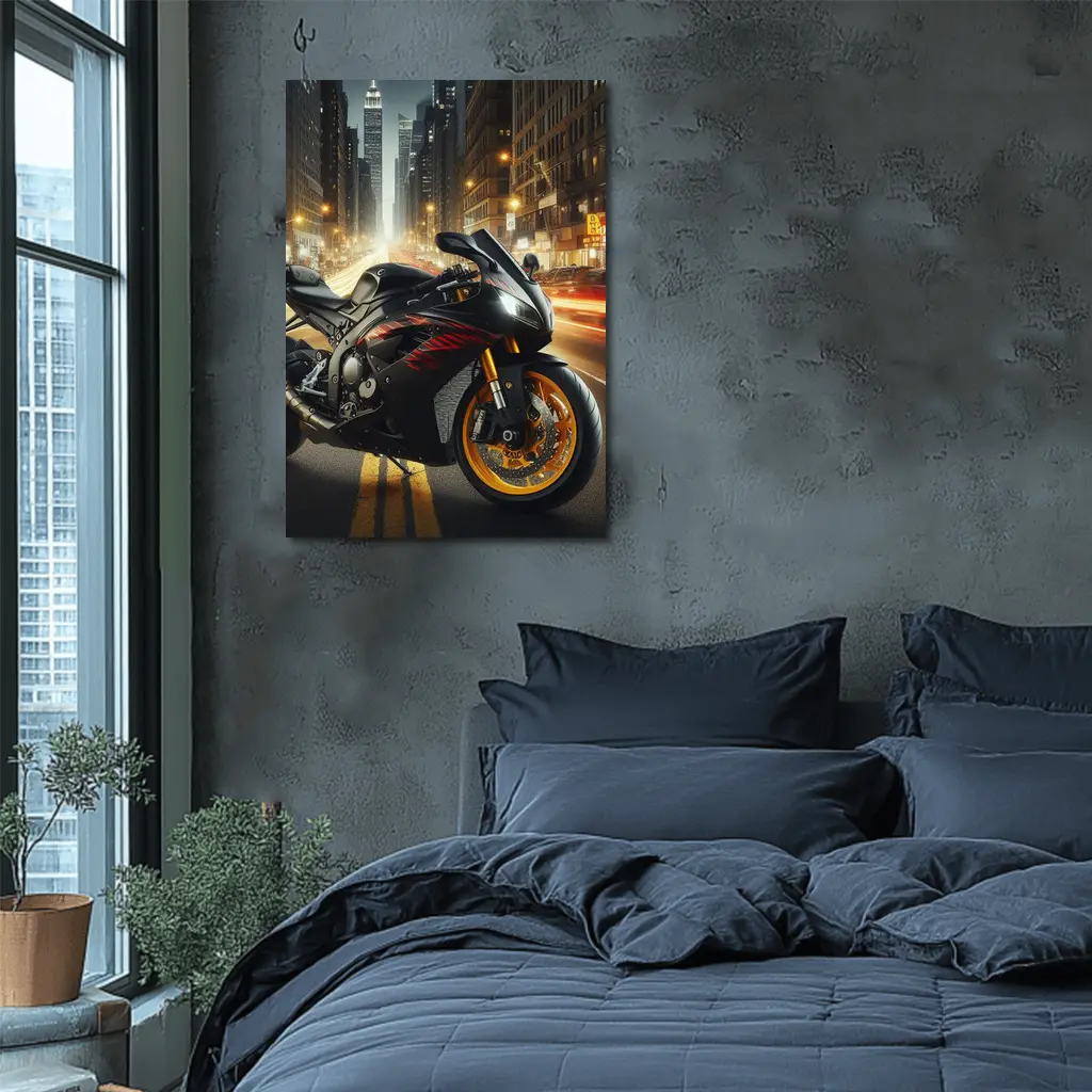 Black Sport Bike City Night Street – Wall Art