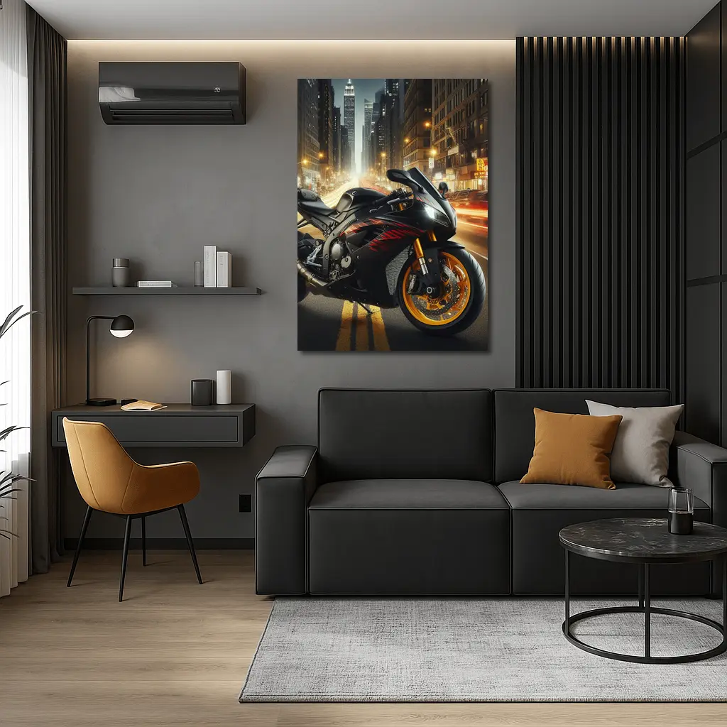 Black Sport Bike City Night Street – Wall Art